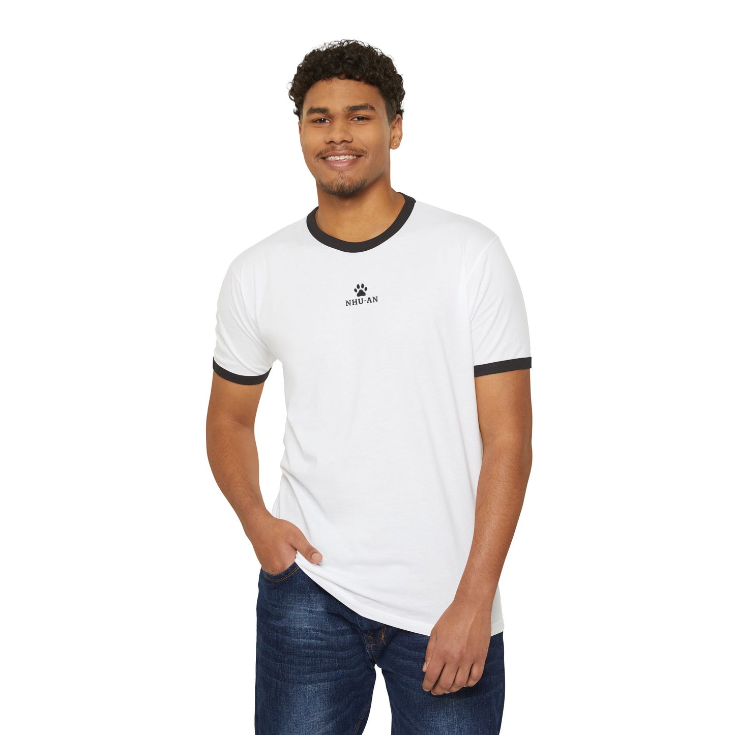 NHU-AN Minimal Paw Print Ringer Tee — Small "NHU- AH" Chest Graphic
