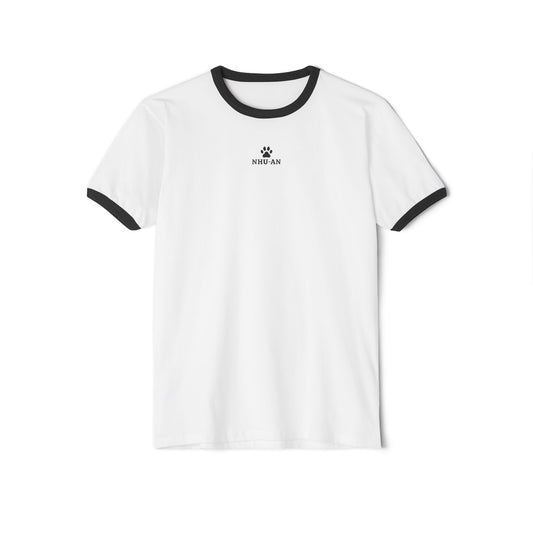 NHU-AN Minimal Paw Print Ringer Tee — Small "NHU- AH" Chest Graphic