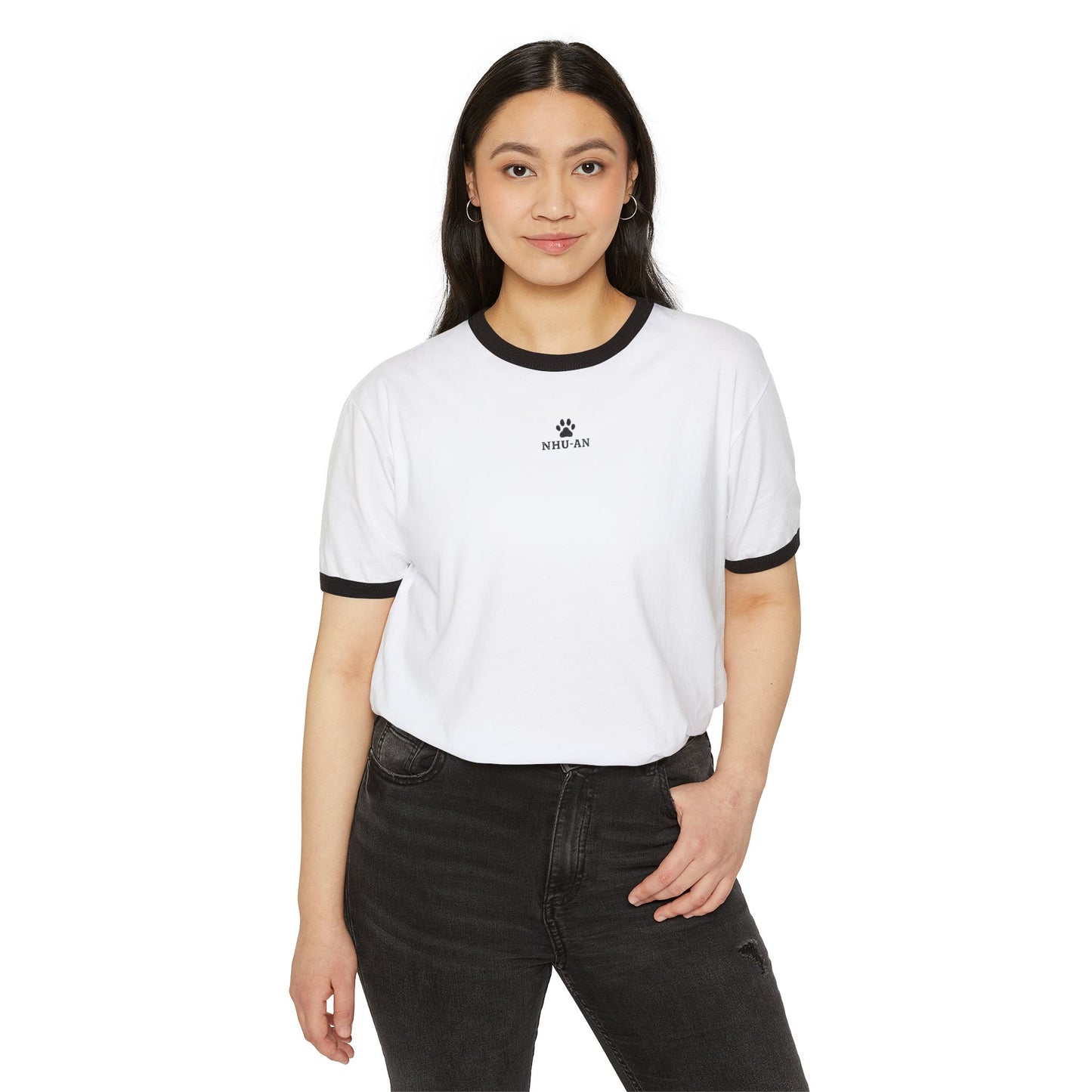 NHU-AN Minimal Paw Print Ringer Tee — Small "NHU- AH" Chest Graphic