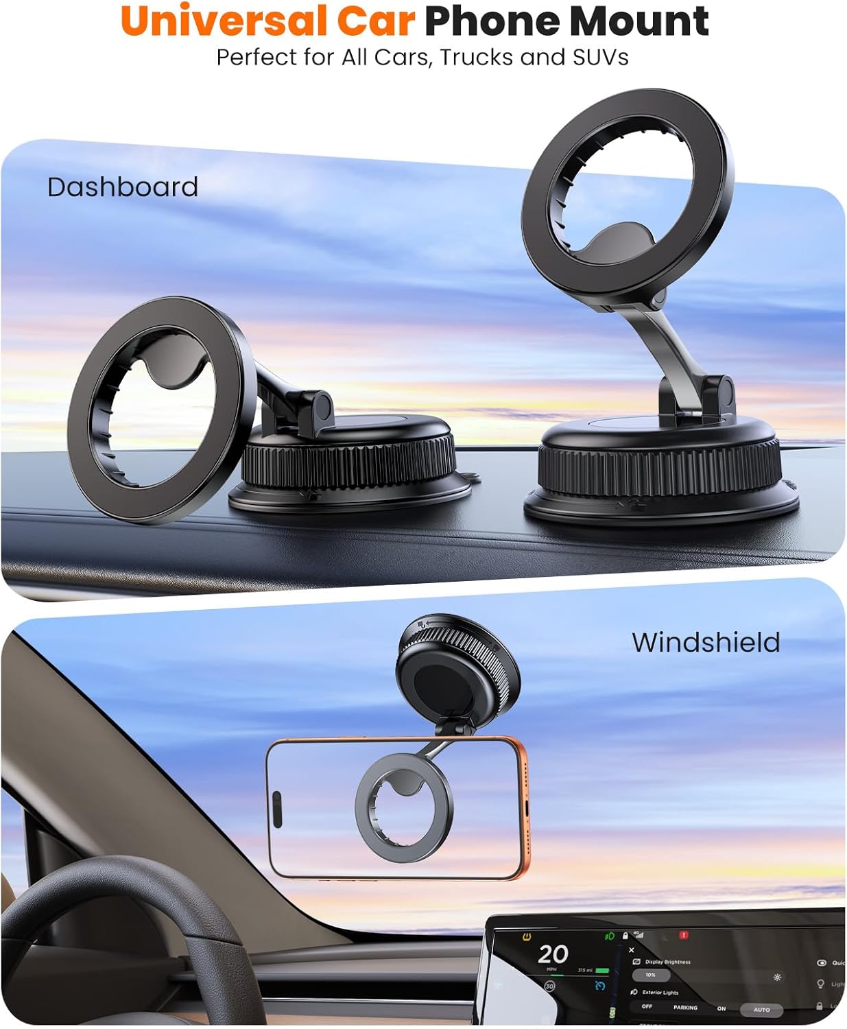 Magnetic Car Phone Holder for Magsafe, Reinforced Zinc Alloy Hinge, Suction Cup Car Phone Mount for Dashboard/Windshield, 360° Rotatable & Foldable Phone Holder for Iphone 17 16 15 14 13 12