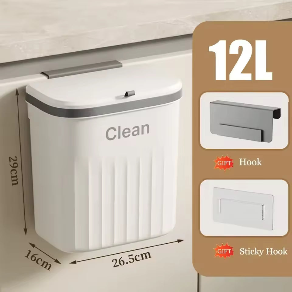12L Kitchen Trash Can Wall Mounted Hanging Trash Bin with Lid Garbage Can for Cabinet Under Sink Waste Garbage Compost Bin Trash