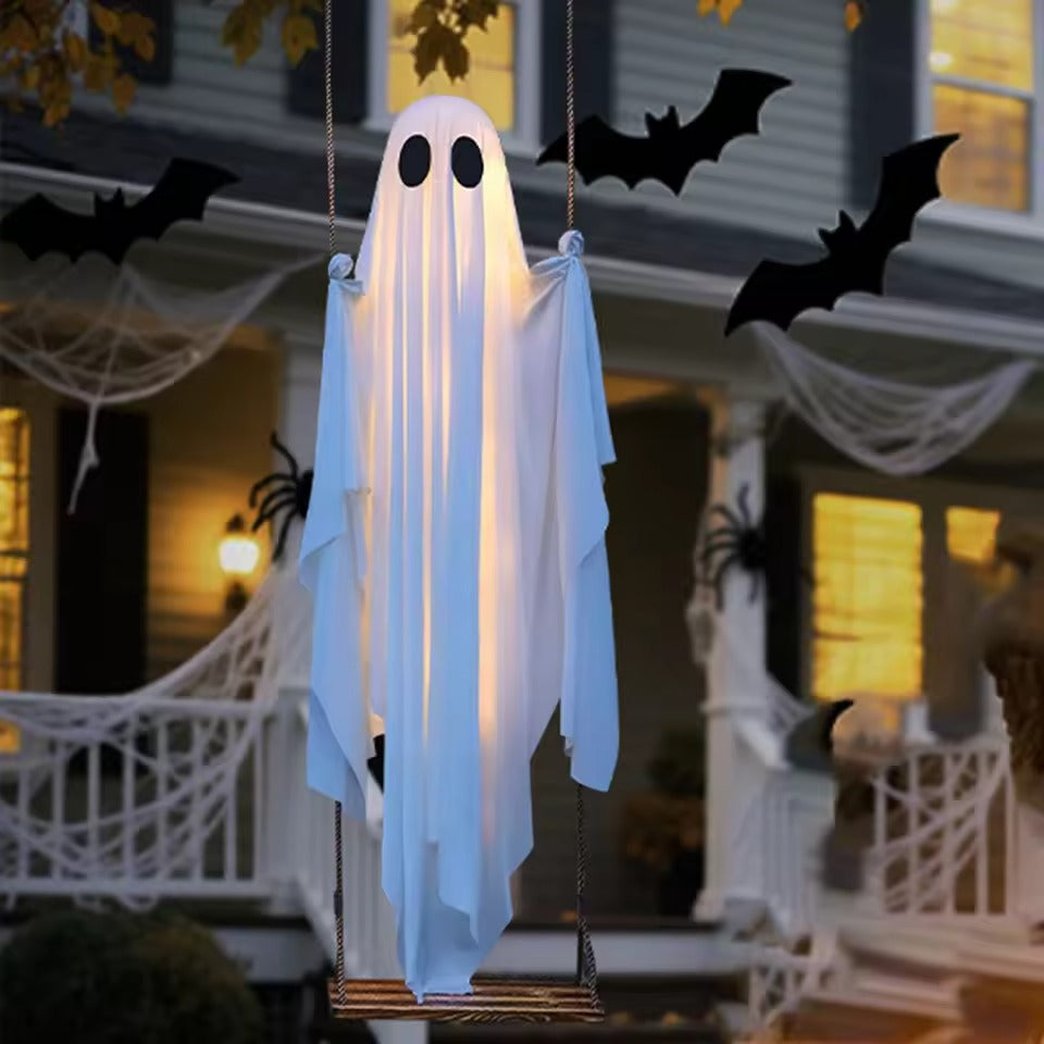 Halloween Hanging Swing Ghost Decor with String Lights Outdoor Halloween Decorations Scary Ghost Decor for Porch Yard Trees