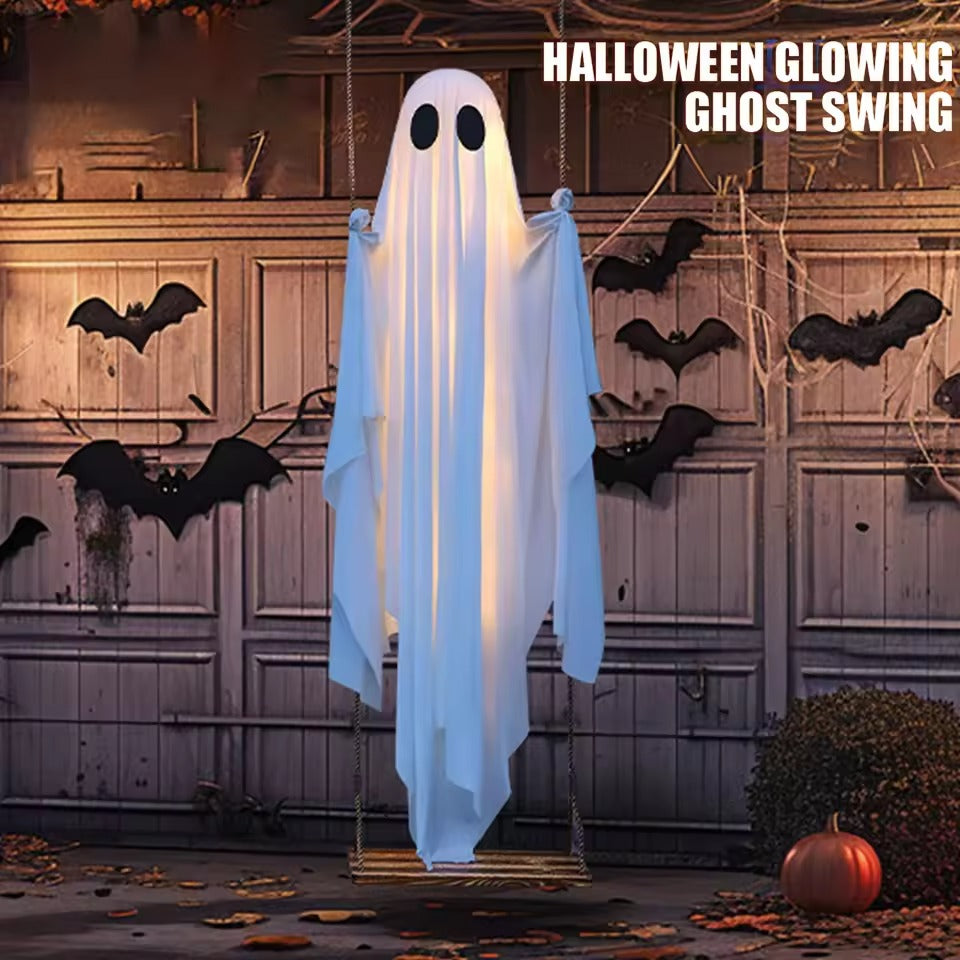 Halloween Hanging Swing Ghost Decor with String Lights Outdoor Halloween Decorations Scary Ghost Decor for Porch Yard Trees