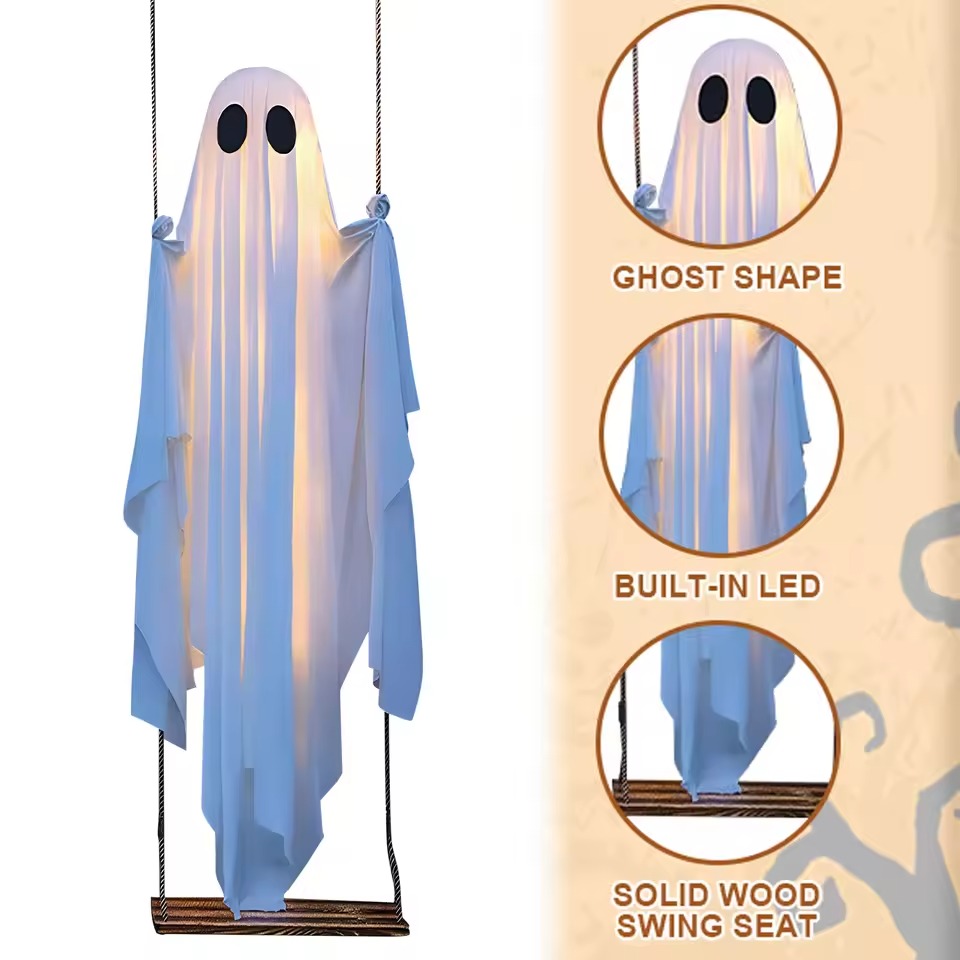 Halloween Hanging Swing Ghost Decor with String Lights Outdoor Halloween Decorations Scary Ghost Decor for Porch Yard Trees
